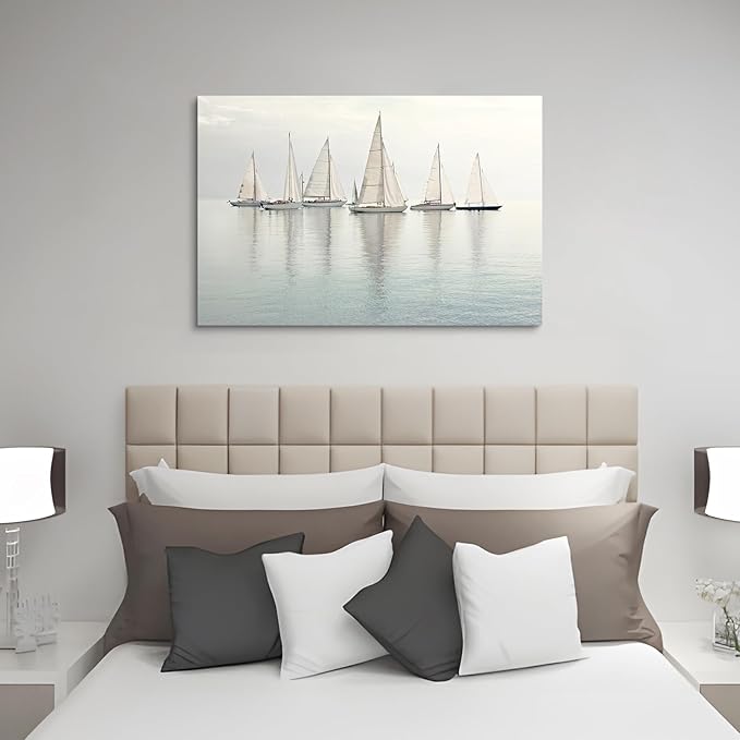 Nautical Sailing Picture Wall Art - Coastal Sailboat Canvas Ocean Ship Prints Sea Level Boat Painting Artwork for Living Room Home Office