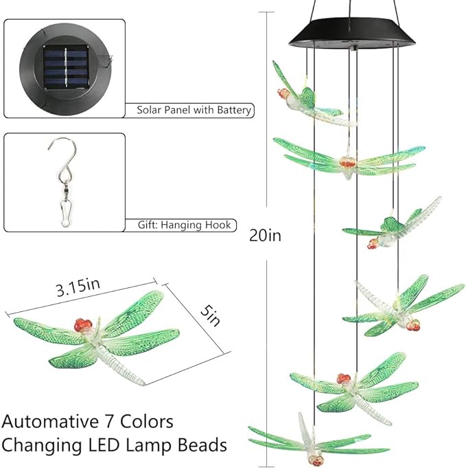 Toodour Solar Wind Chimes Outdoor, Color Changing Solar Lights Dragonfly, Gifts for Mom Grandma, Waterproof Decorative Mobile Light, Gardening Gift for Garden,Patio, Window, Yard, Outdoor Decor