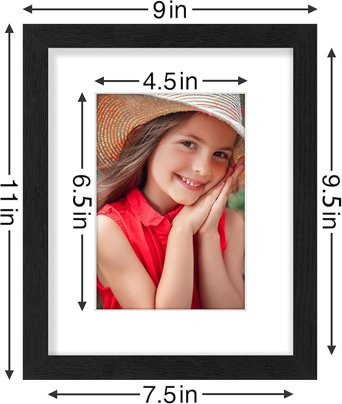 Vittanly 8x10 Picture Frames Set of 9, Shatter Resistant Plexiglass, Display 5x7 Pictures with Mat or 8x10 without Mat, Photo Frames for Wall or Tabletop, Engineered Wood, Black
