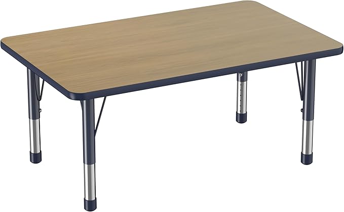 FDP Rectangle (30 x 48 inch) Classroom Table with Adjustable Chunky Toddler Legs (15-24 in); Preschool, Kinder and Daycare Furniture - Pasadena Oak Top/Navy Edge and Legs