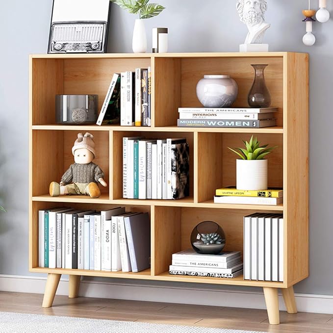 IOTXY Wooden Open Shelf Bookcase - 3-Tier Floor Standing Display Cabinet Rack with Legs, 7 Cubes Bookshelf, Pear Yellow