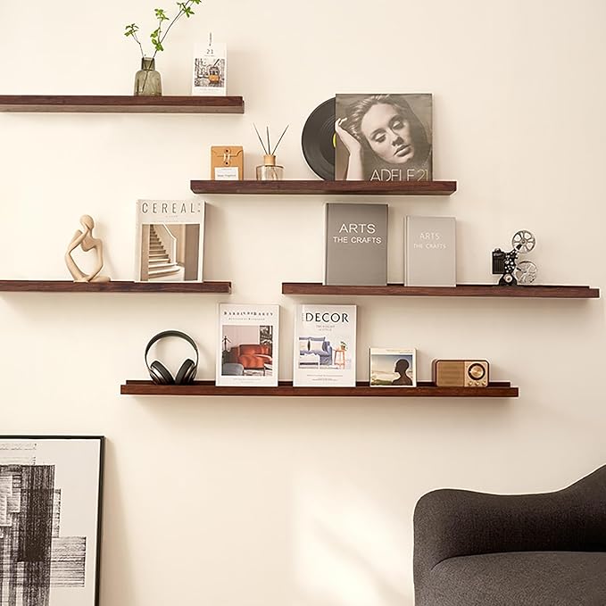 AZSKY Floating Shelves Deep Walnut for Wall Long Picture Ledge Shelf 48 Inch Beige Photo Ledge Shelves with Lip Wall Bookshelf for Kids Bedroom Living Room Bathroom Kitchen Wooden Spice Rack Set of 3