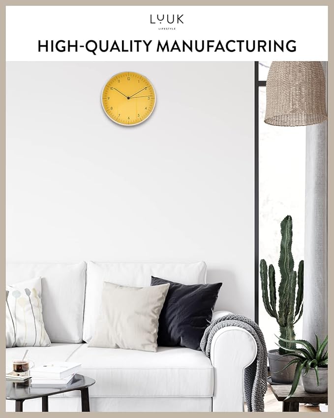 LUUK LIFESTYLE 10” Quartz Wall Clock with Silent Movement, Timeless Scandinavian Design, Kitchen Wall Clock, Decoration for Children's Room, Yellow and Silver