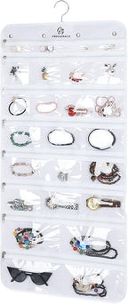 Freegrace Hanging Jewelry Organizer Revolving Hanger - Secure Zipper Closure - 50 Pockets - Foldable Storage & Display Solution - For All Jewelry & Bijoux (White)