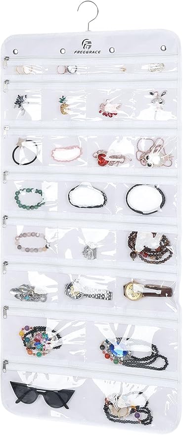 Freegrace Hanging Jewelry Organizer Revolving Hanger - Secure Zipper Closure - 50 Pockets - Foldable Storage & Display Solution - For All Jewelry & Bijoux (White)