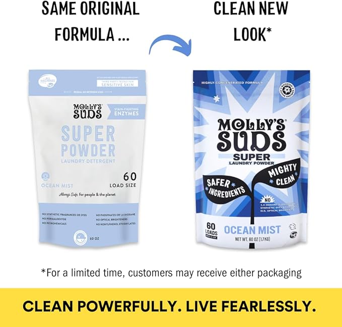 Molly's Suds Super Powder Detergent | Extra Strength Laundry Soap, Stain Fighting | Sensitive Skin | Simple, Effective Ingredients | Ocean Mist, 120 Loads Total (2 Pack)