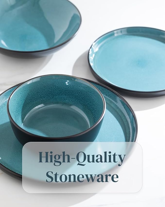 32 Piece Dinnerware Sets for 8 - Modern Style Stoneware Dinnerware Set - Scratch Resistant, Dishwasher Safe Plates and Bowls Sets Ceramic, Dish Set, Bowl and Plate Set - Black and Petrol Blue…