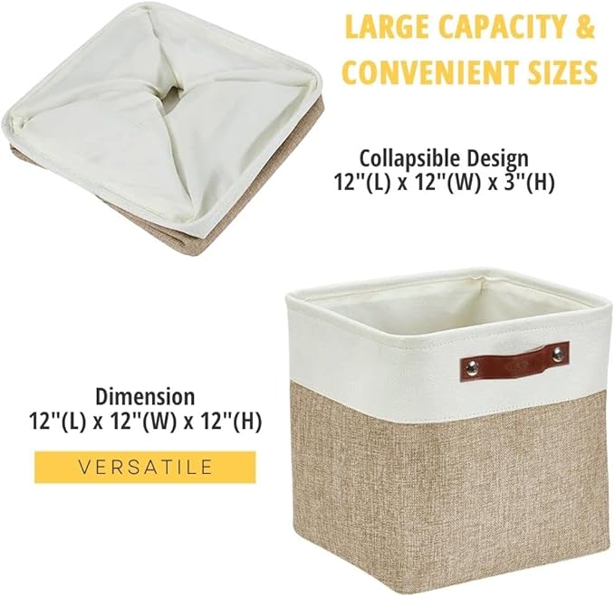 DECOMOMO Storage Cubes, 12x12 Storage Bins, Baskets for Shelves (Beige & White, Cube 12" - 4 Pack)