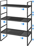 Expandable Kitchen Shelf Organizers, Kitchen Cabinet Organizer Stand Rack Organization for Countertop Cupborad Pantry, Black 3 Pack