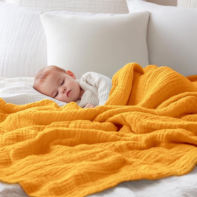 EMME Muslin Baby Blankets 100% Cotton 4-Layer Swaddle 40"x50" Lightweight Soft Breathable for Toddler, Infant, Newborn All Season Gauze Blanket, Mustard Yellow