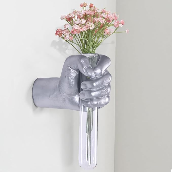 Silvery Wall Sculptures, Hand Vases Home Decor, Wall Mount Art Sculpture, Unique Wall Art Statue, Funky Flower Vase Decorations, Modern Eclectic Hanging Decor,Glass Test Tube Vase (Silvery)
