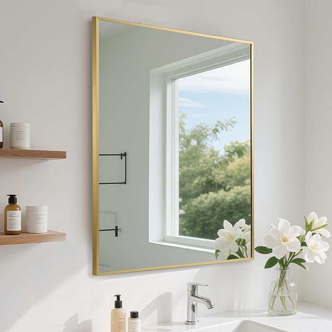 FARMER 20x30 Inch Gold Bathroom Mirror, Rectangle Wall Mounted Mirror, Vanity Mirror, Brushed Square Mirror, Framed Bathroom Mirror for Bedrooms, Entryways, Living Rooms, Horizontal/Vertical
