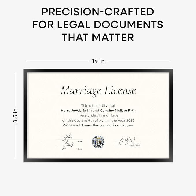 Homeforia 8.5 x 14 Marriage License Frame Black, High End Metal 8.5x14 Marriage Certificate Frames, 14x8.5 Picture Frame for Wall & Tabletop, 8.5 by 14 Photo Frames, Tempered Glass, Wall Kit, Set of 1