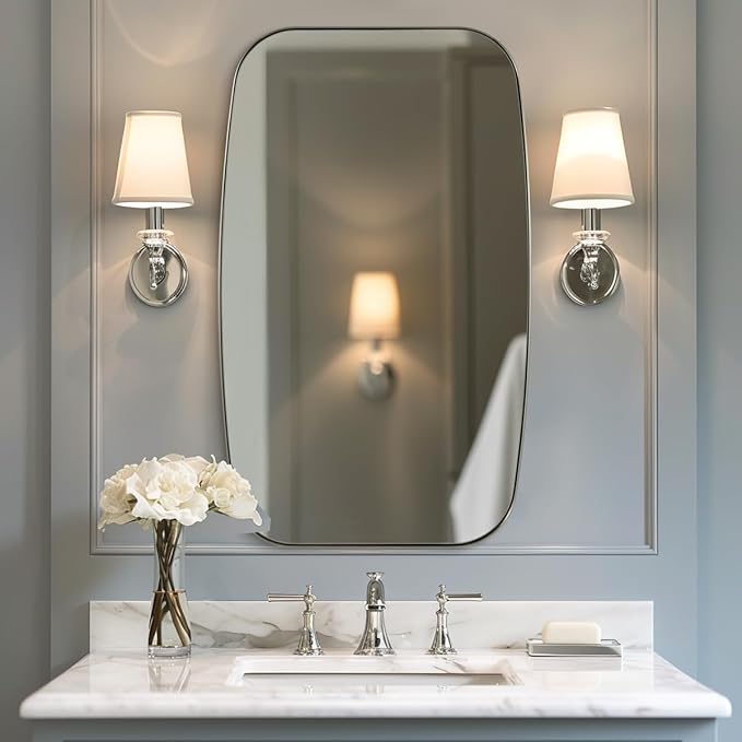 ANDY STAR Brushed Nickel Bathroom Mirror, Large 24x36’’ Brushed Nickel Metal Framed Oblong Wall Mirror, Modern Nickel Oval Vanity Mirror