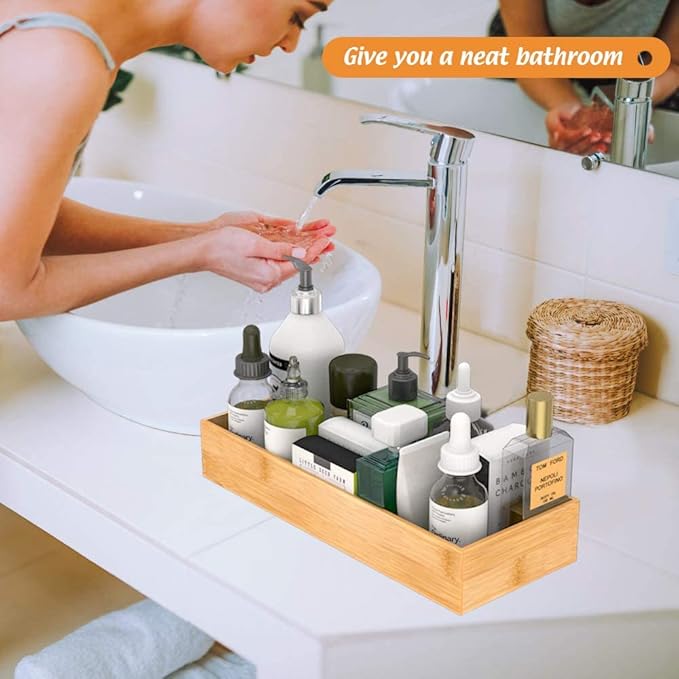 Bathroom Vanity Tray Organizer Bamboo, Small Wood Tray for Bathroom Counter Kicthen Drawer, Rectangular Toilet Paper Storage Basket Box, Guest Sink Tray Decor, Bathroom Accessories 15" x 6" x 2.5"