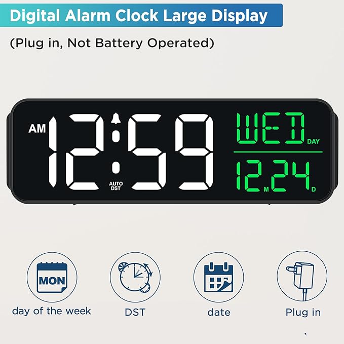 Peakeep Large Display Digital Alarm Clock for Bedrooms, Date Day of Week Calendar Desk Table Clocks for Living Room Office, Dimmable Plug in Electric Clock, 5 Volumes, Loud, Auto DST
