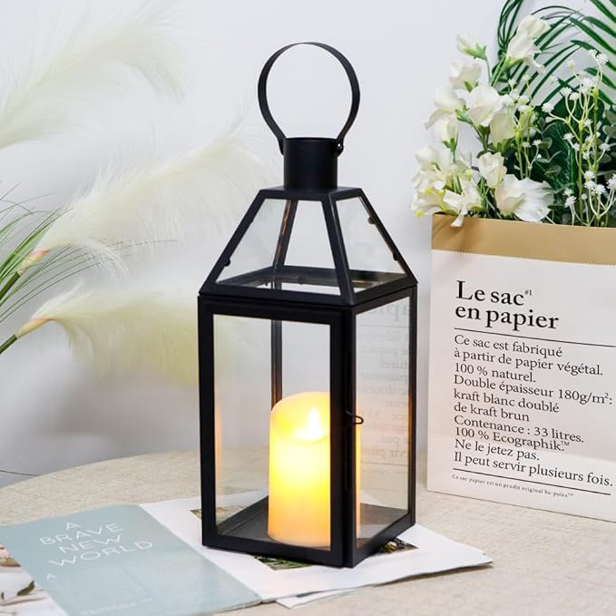 JHY DESIGN Black Decorative Lanterns 16“H Decorative Candle Lantern with Tempered Glass for Indoor Outdoor Events Parities and Weddings