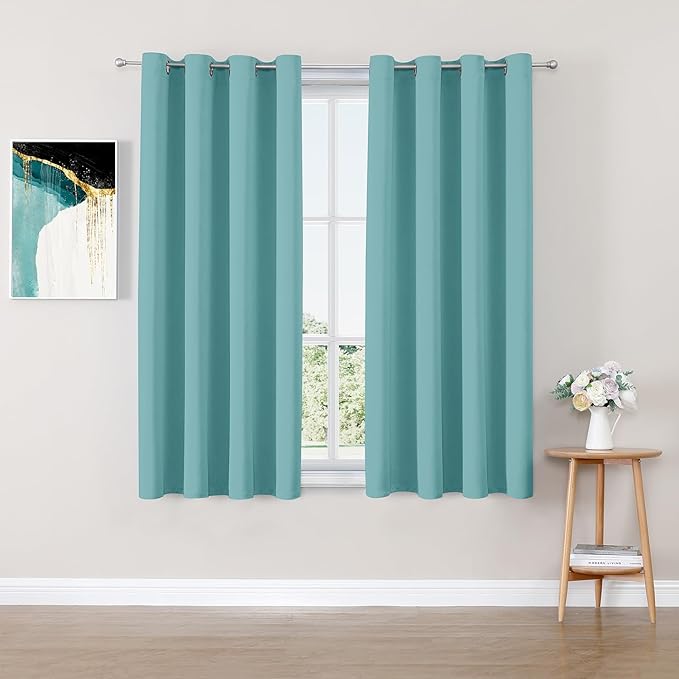 ChrisDowa Blackout Curtains 45 inches Long for Bedroom - 2 Panels Set Grommet Thermal Insulated Room Darkening Curtains for Living Room (Aqua, 52 x 45 Inch)