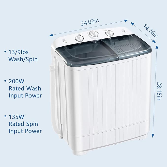 Portable Mini Twin Tub 22lbs Washing Machine With Drying Rack& 10 Hangers, 13lbs Washer & 9lbs Spinner, Small Laundry Washer with Time Control for Camping, Apartments, RV (22lbs)