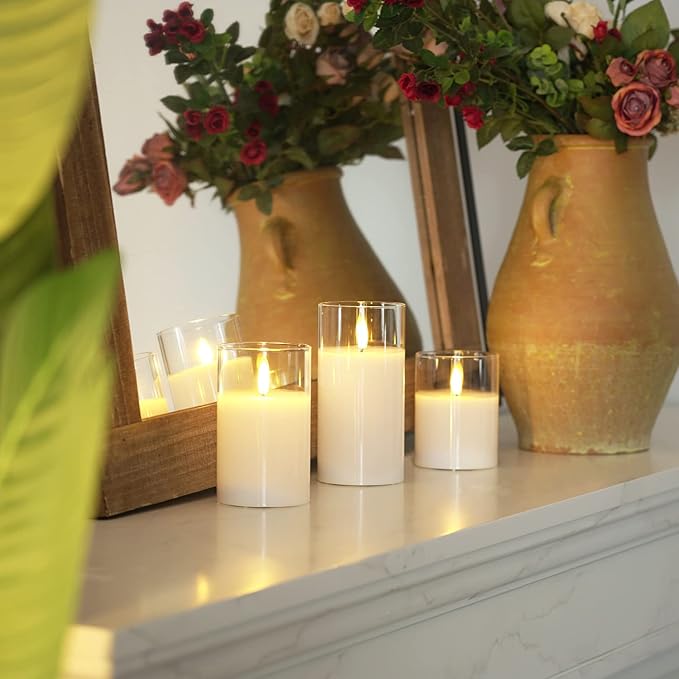 Homemory Clear Glass Flameless Candles, Pure White Wax Battery Operated Candles, LED Pillar Candles with Remote Control and Timers, D3 H4 5" 6", Set of 3