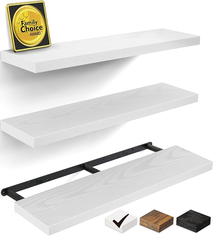BAYKA Floating Shelves for Wall, 36 inches Wall Mounted Rustic Wood Shelves for Bathroom, Bedroom, Living Room, for Storage/Decor with 30lbs Capacity（White,Set of 3