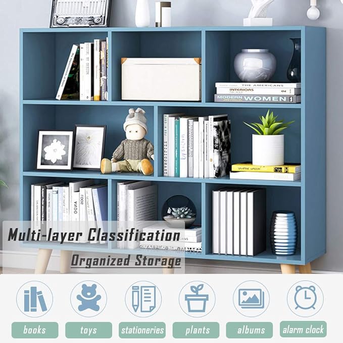 IOTXY Wooden Open Shelf Bookcase - 3-Tier Floorstanding Display Cabinet Rack with Legs, 8 Cubes Free Standing Bookshelf, Bright Blue