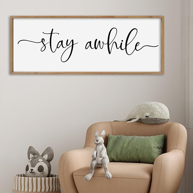 SRSZHIYUE Stay Awhile Sign Wall Decor Art 32"×12" Home Entryway Hallway Signs Large Wood Framed Wall Hanging (Wood)