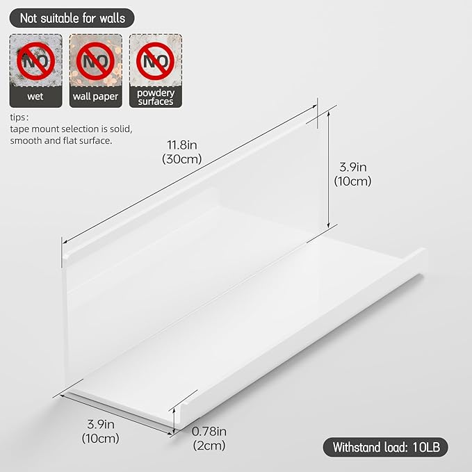 Acrylic Wall Floating Shelves Set of 2, Wall Shelves White 12 Inch Adhesive Wall Organizer Adhesive Shelf for Bathroom, Kitchen, Bedroom, Office, Gaming Room, No Damage, No Drill