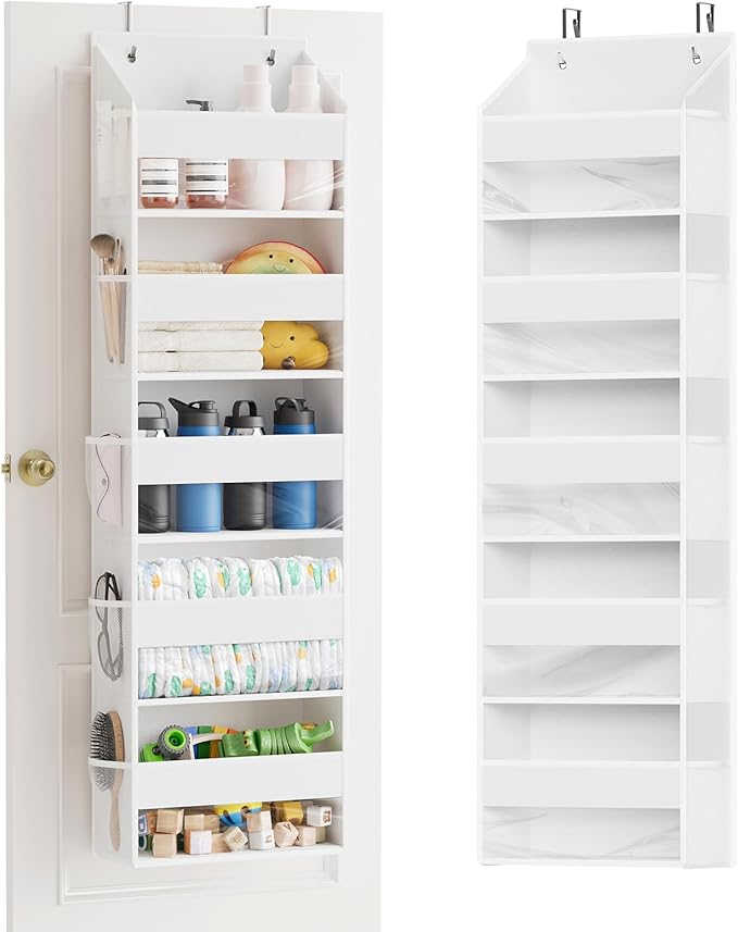 SpaceAid 1 Pack Over The Door Organizer with 5 Large Pockets and 10 Mesh Side Pockets, 5 Layers Door Organizer Hanging with Clear Window for Bedroom, Bathroom, Pantry and Nursery, White