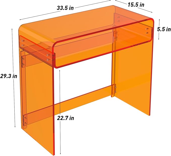 Acrylic Desk, Orange Table, Acrylic Console Table for Office, Study, Bedroom, Entrance Decor (15.5" D x 33.5" W x 29.3" H, Orange)