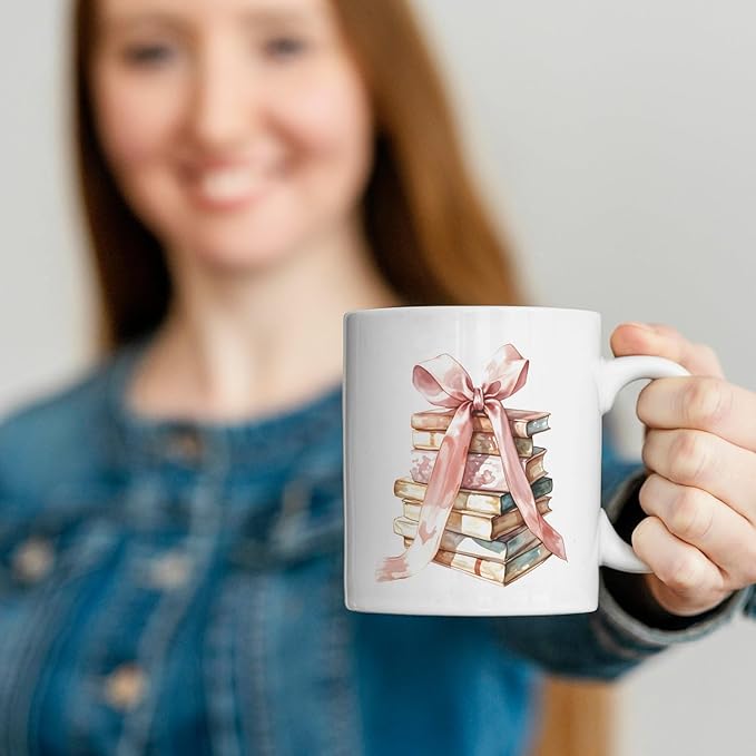 JINYO Coquette Pink Bow Books Mug, Book Coffee Cup, Reading Mugs for Book Lovers, Gifts for Readers Books Lovers Women, Bookish Bookworm Gifts for Women, Ceramic Coffee Tea Mug 11 oz