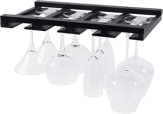 Rustic State Eze 4 Sectional Wood Under Cabinet Wine Glass Holder Wine Glass Rack Hanging Shelf Stemware Bar Organizer - 12 Wine Glass Storage - 10 Inch Deep - Black