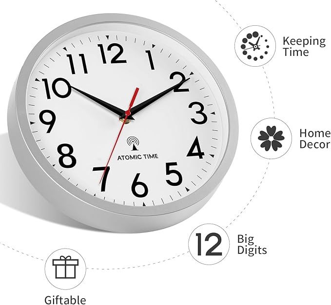 Atomic Wall Clock Analog 14 Inch Battery Operated Modern Decorative for Living Room Kitchen Office Bedroom Bathroom(Silver)