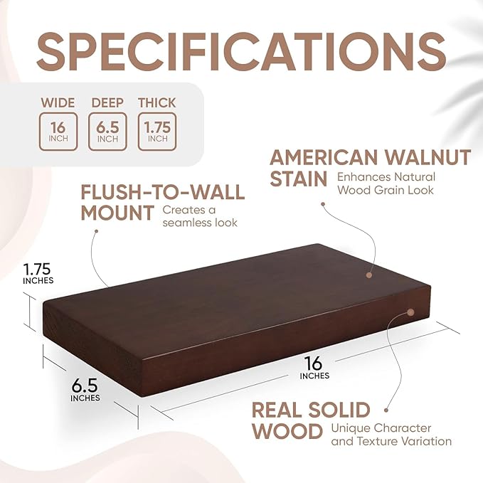 Homeforia Walnut Floating Bathroom Shelves, High End Solid Real Wood 16 inch Small Floating Shelf for Wall Mounted, Dark Brown 16inch Floating Shelves, Heavy Duty Bracket, 16 X 6.5 X 1.75 in, Set of 3