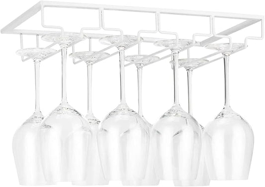 Wine Glass Rack Under Cabinet - Stemware Holder Metal Wine Glass Organizer Glasses Storage Hanger for Bar Kitchen Brown 4 Rows White