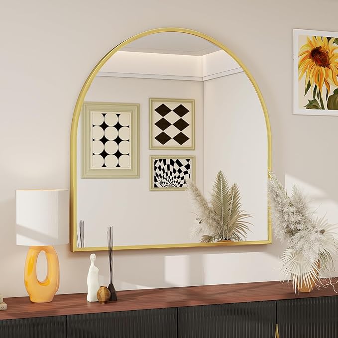 BEAUTYPEAK 31"x32" Arch Bathroom Mirror, Wall Mounted Vanity Metal Frame Mirror for Bedroom, Entryway, Living Room, Gold