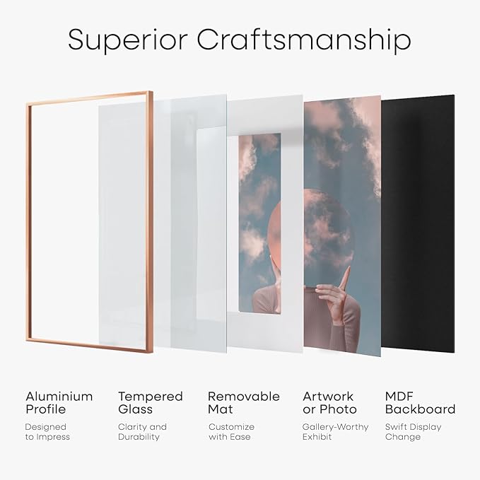 Homeforia 12x17 Picture Frame Rose Gold, High End Metal 12x17 Poster Frames with Mat 10x15 Photo, 12 x 17 Rose Gold Frame Matted to 10 by 15 Print, 17x12 Thin Frame, Tempered Glass, Wall Kit, Set of 1