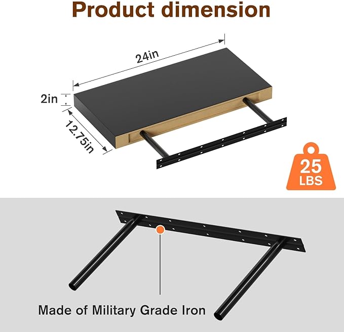 Floating Shelf, Set of 2 Wall Shelf, 24 in W x 12.75 in D x 2 in H Wooden Floating Wall Shelf with Invisible Brackets for Living Room/Bedroom/Bathroom/Kitchen Storage and Decor, Black