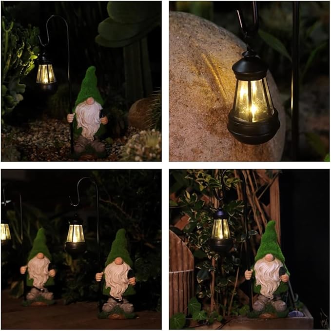Flocked Solar Garden Gnomes Outdoor Statues 15.8”Outdoor Garden Decor LED Outdoor Decor Light Unique Housewarming Gifts Yard Art Sculptures for Patio Lawn Ornaments