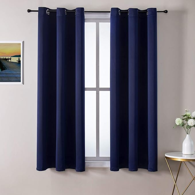 ChrisDowa Small Window Curtains 50 inches Long for Bedroom - Grommet Short Thermal Insulated Room Darkening Curtains for Kitchen (2 Panels, Navy Blue, 29 x 50 Inch)