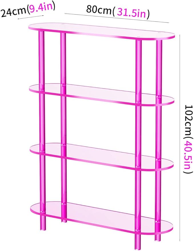Clear Bookshelf, Acrylic Bookcase with Open Book Shelf Console Table for Entryway Office (4 Tier Pink)