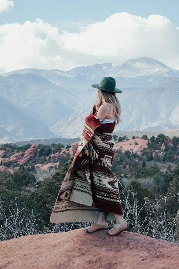 Inca Aztec Throw, Queen, King Blanket | Southwest Indian Navajo Boho Style | Native Cover for Camping, Bedding, Couch, Vanlife | Faux Alpaca, Lightweight, Hypoallergenic (Vinincunca Maroon, King)