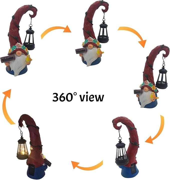 Solar Outdoor Figurine Lights Gnome Garden Decor Statue with LED Flowers & Lantern, Glowing Fairy Yard Decorations for Outside Patio Yard Front Porch, Housewarming Home Decor Gifts Thanksgiving