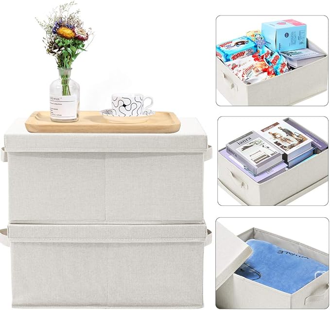 HOONEX Foldable Storage Bins with Lids, 2 Pack, Storage Boxes with Carrying Handles and Sturdy Heavy Cardboard, 16.5" L x 11.8" W x 7.5" H for Shoes, Books, Clothes, Linens, Beige