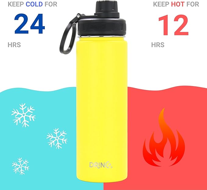 DRINCO Stainless Steel Water Bottle Spout Lid Vacuum Insulated Double Wall Water Bottle Wide Mouth (40oz 32oz 22oz 18oz 14oz) Leak Proof Keeps Cold or Hot (22 oz, 22oz Illuminating Yellow)