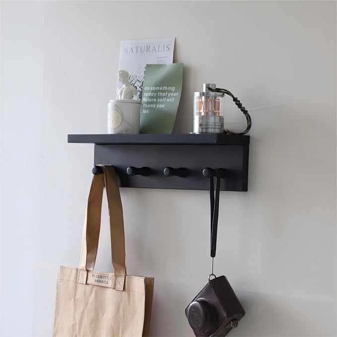 Entrance Coat Rack ，Coat Hooks, Wall-Mounted Wooden Hook Rack, Wall-Mounted Shelves are Very Suitable (Black Finish-1)
