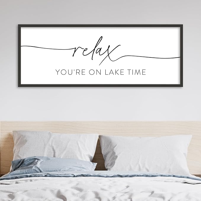 SRSZHIYUE Relax You're On Lake Time Wall Decor Above Bed Sign 32"×12" for Lake House Bedroom Over Bed Large Wood Framed Hanging Art (Black)