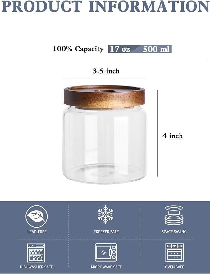 Kanwone Glass Storage Jars Set of 6, 17 Ounce Airtight Food Storage Containers with Bamboo lids, Clear Glass Canisters for Pantry, kitchen, Flour, Sugar, Tea, Coffee, Snack, Spice and Herbs
