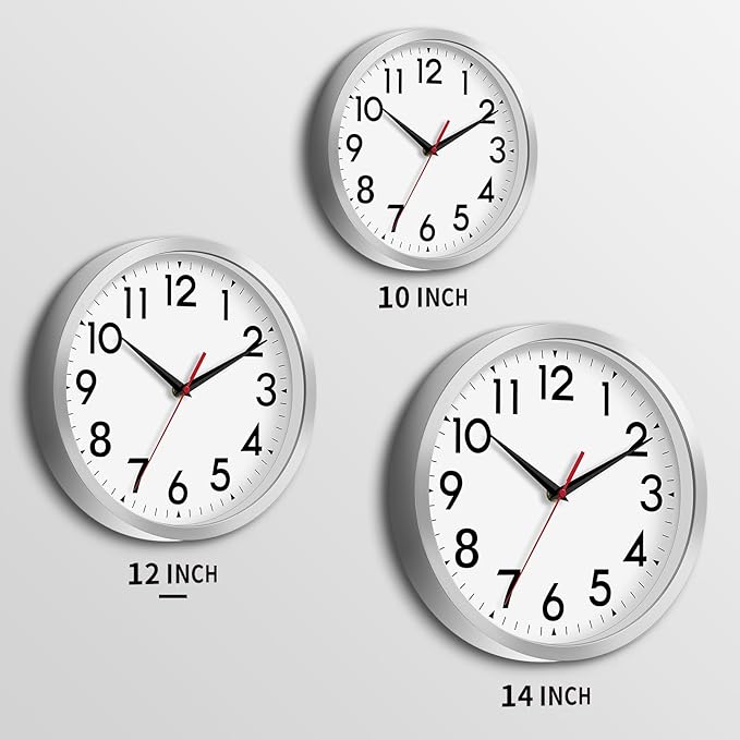 12 Inch Wall Clock Battery Operated Silent Non Ticking Analog Modern Decorative for Office Kitchen Outdoor Living Room Classroom Bedroom Bathroom School(Silver)