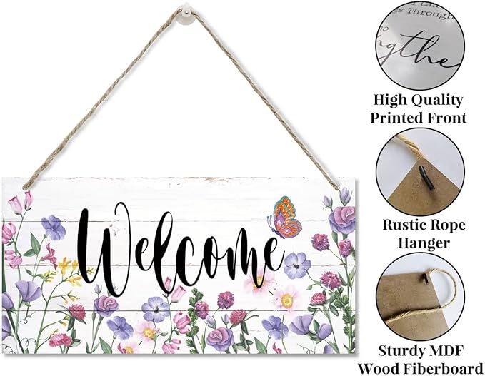 Welcome Decor Sign, Hanging Wood Sign Home Decorative, Printed Wood Wall Art Sign, Flower Welcome Sign, Yard Garden Welcome Sign, Porch Decor Sign, Farmhouse Front Door Decor Sign 12 * 6inch